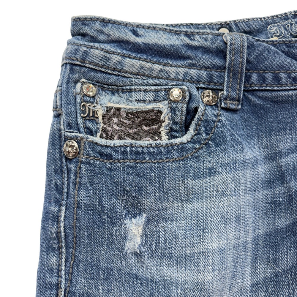Miss Me Womens Jeans 32 Bootcut Blue Low Rise Distressed Embellished JP5002 - Picture 4 of 16